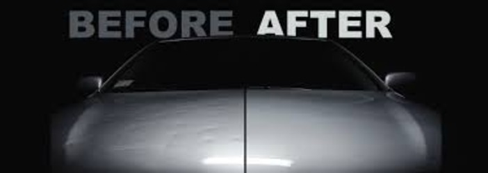 before and after of a vehicle that was beaten up with hail damage but got it's dents removed by paintless dent repair