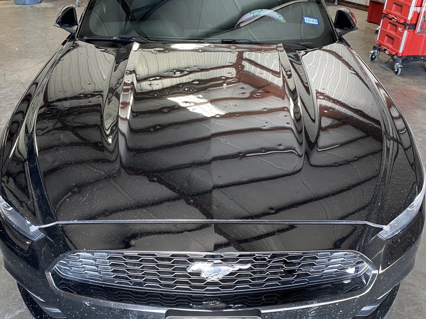 hail dents on the hood of a black ford mustang inside the next gen shop. we used paintless dent repair to remove these types of dents