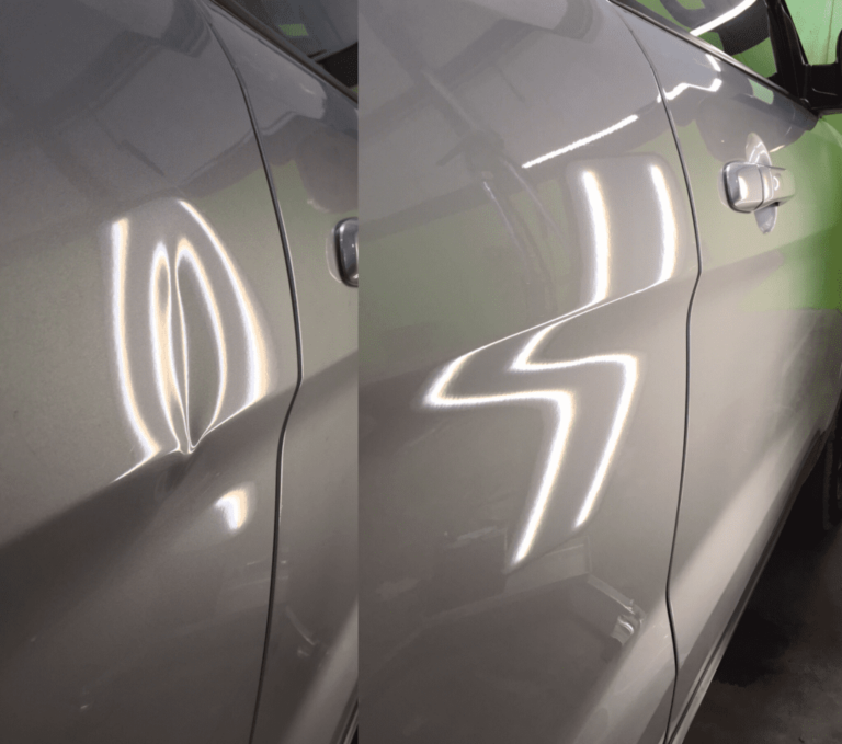 Before and after photo of a door dent that has been removed using fort worth paintless dent repair