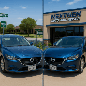 before and after concept of hail damage on a blue mazda before and after the paintless dent repair paintless dent removal was performed.