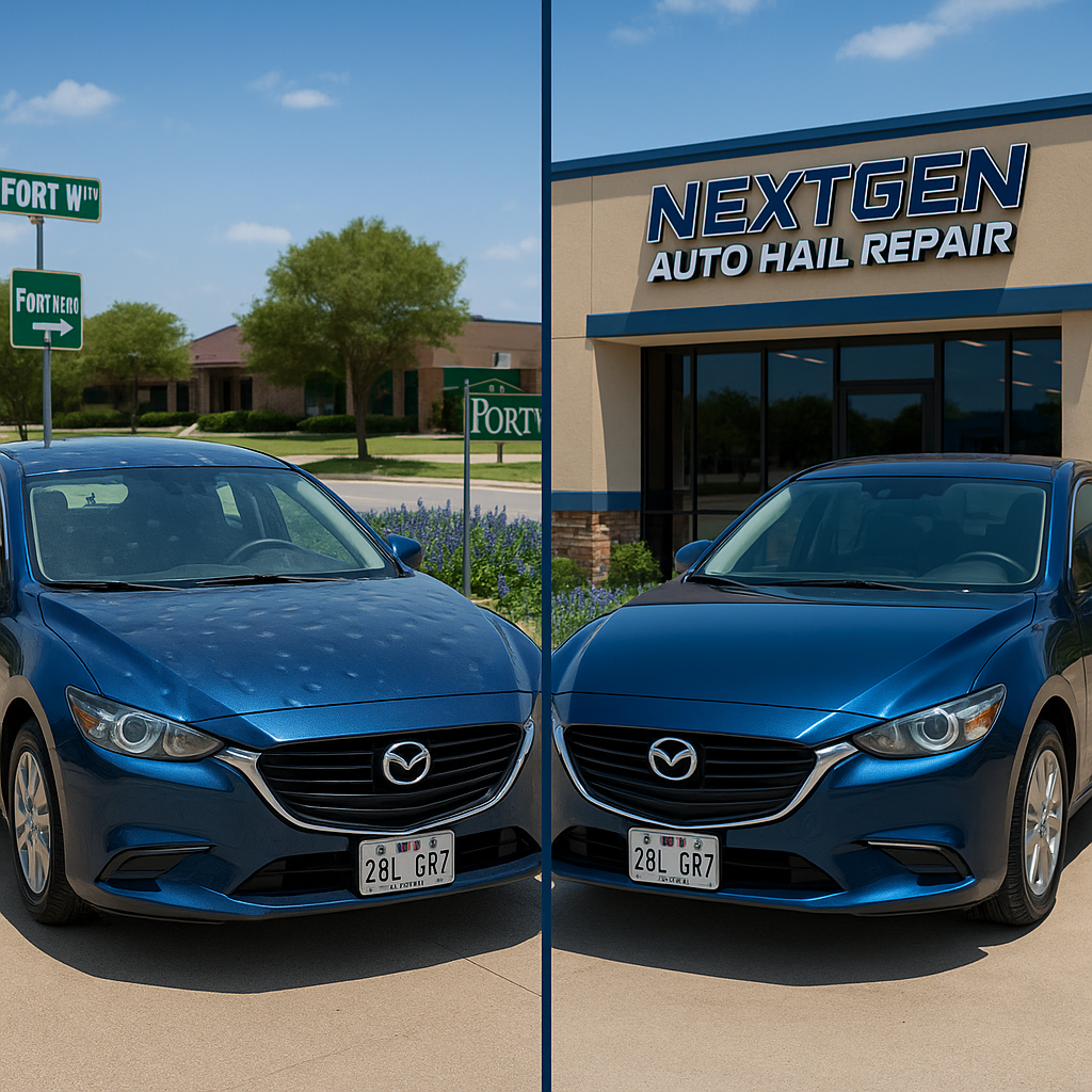 before and after concept of hail damage on a blue mazda before and after the paintless dent repair paintless dent removal was performed.