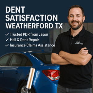 ai generated image of a pdr technician stands in front of a blue car with a paintless dent repair light on it to highlight the dents and the repairs completed on the vehicle in weatherford texas