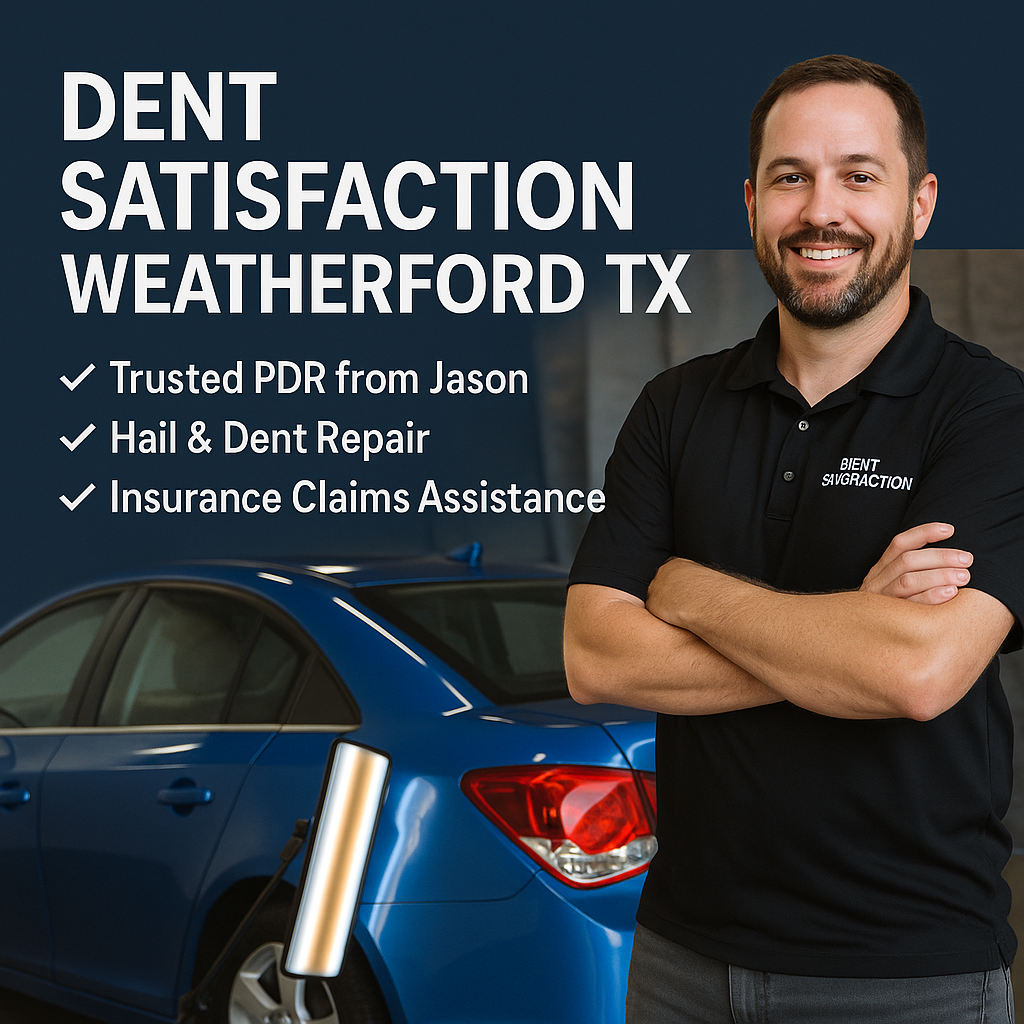 ai generated image of a pdr technician stands in front of a blue car with a paintless dent repair light on it to highlight the dents and the repairs completed on the vehicle in weatherford texas